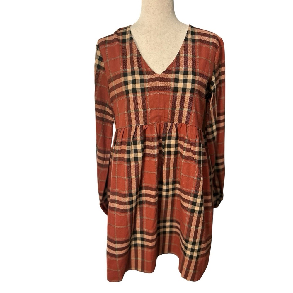Francescas Tartan Plaid Empire Waist Cotton Dress V-Neck Pockets S Autumn NEW
